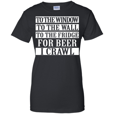 To the window to the wall to fridge for beer shirt, tank, hoodie