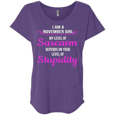 I am a November girl My level of sarcasm depends on your level of Stupidity shirt